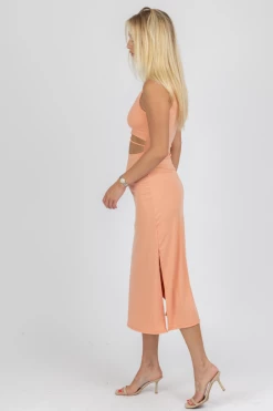 PEACH LOVE CALIFORNIA CANTALOUPE CUTOUT MIDI DRESS CLOTHING