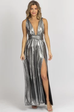 WINWIN APPAREL SILVER METALLIC SIDE SLIT MAXI DRESS