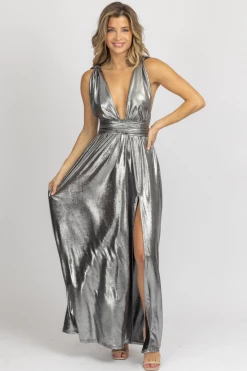 WINWIN APPAREL SILVER METALLIC SIDE SLIT MAXI DRESS