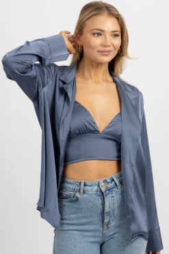 MABLE NEW ARRIVALS MIDNIGHT BLUE SATIN BRALETTE + BUTTON DOWN SET