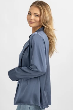 MABLE NEW ARRIVALS MIDNIGHT BLUE SATIN BRALETTE + BUTTON DOWN SET