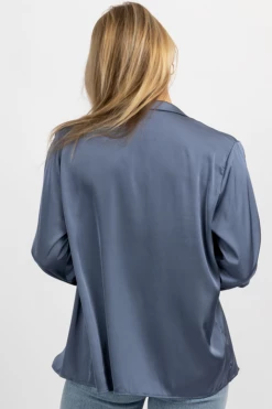 MABLE NEW ARRIVALS MIDNIGHT BLUE SATIN BRALETTE + BUTTON DOWN SET