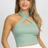 DYNAMIC FASHION CELADON MINT RIBBED CROSS HALTER CROP *BACK IN STOCK* NEW ARRIVALS