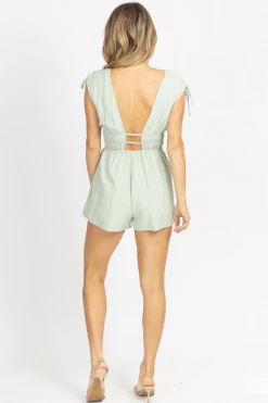LE LIS NEW ARRIVALS MINT RUCHED WAIST BUTTON ROMPER