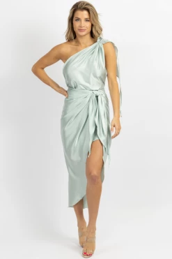 LUXXEL MINT SATIN ONE SHOULDER WRAP DRESS NEW ARRIVALS