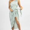 LUXXEL MINT SATIN ONE SHOULDER WRAP DRESS NEW ARRIVALS