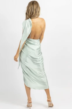 LUXXEL MINT SATIN ONE SHOULDER WRAP DRESS NEW ARRIVALS