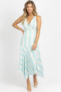 OLIVACEOUS MINT + IVORY STRIPED WRAP MAXI DRESS NEW ARRIVALS