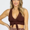 ENDLESS BLU MOCHA BROWN FRONT TIE HALTER CROP
