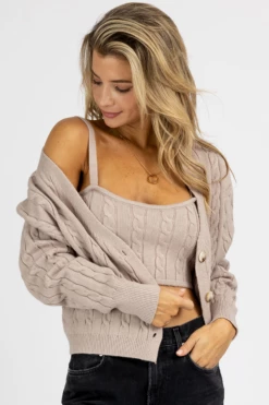 LE LIS NEW ARRIVALS MOCHA CABLE KNIT BRALETTE + CARDIGAN SET
