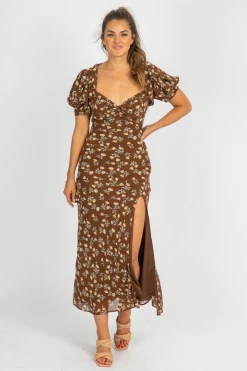 ET CLET MOCHA FLORAL MAXI DRESS