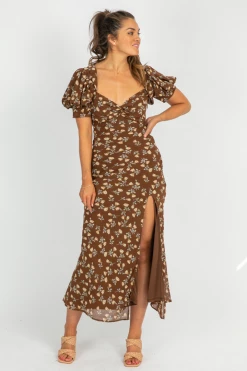 ET CLET MOCHA FLORAL MAXI DRESS