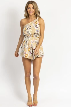 ONE AND ONLY MOCHA FLORAL LINEN ONE SHOULDER ROMPER NEW ARRIVALS
