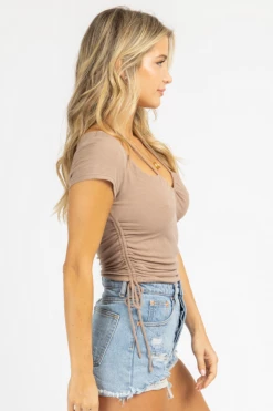 IDEM DITTO CLOTHING MOCHA HALTER TIE RUCHED CROP TOP