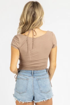 IDEM DITTO CLOTHING MOCHA HALTER TIE RUCHED CROP TOP