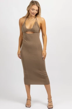 MABLE MOCHA HALTERNECK TRIANGLE MIDI DRESS NEW ARRIVALS