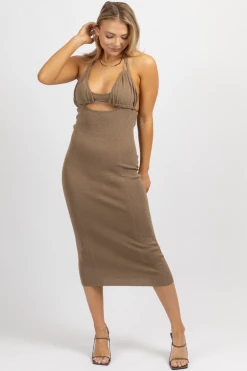 MABLE MOCHA HALTERNECK TRIANGLE MIDI DRESS NEW ARRIVALS