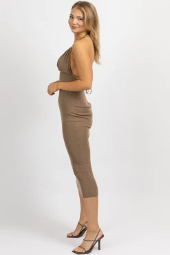 MABLE MOCHA HALTERNECK TRIANGLE MIDI DRESS NEW ARRIVALS