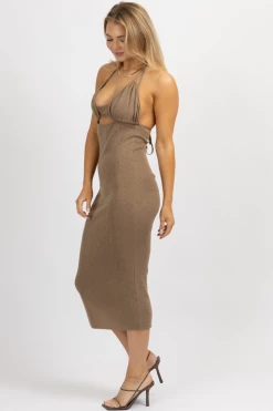 MABLE MOCHA HALTERNECK TRIANGLE MIDI DRESS NEW ARRIVALS