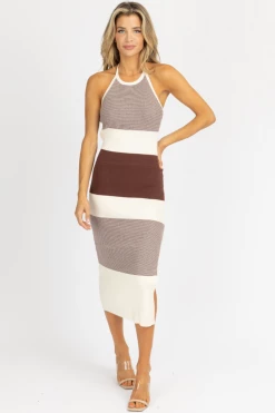 ENDLESS BLU NEW ARRIVALS IVORY + CHOCOLATE KNIT HALTERNECK MAXI DRESS