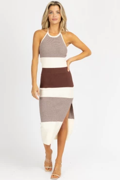 ENDLESS BLU NEW ARRIVALS IVORY + CHOCOLATE KNIT HALTERNECK MAXI DRESS