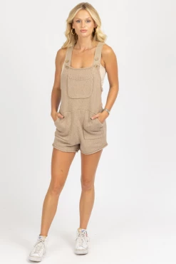 MABLE CLOTHING MOCHA SLEEVELESS KNIT OVERALL ROMPER