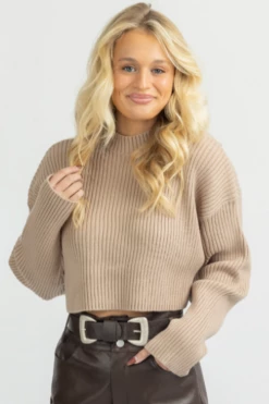 MABLE NEW ARRIVALS MOCHA MOCKNECK LONGSLEEVE CROP SWEATER *BACK IN STOCK*