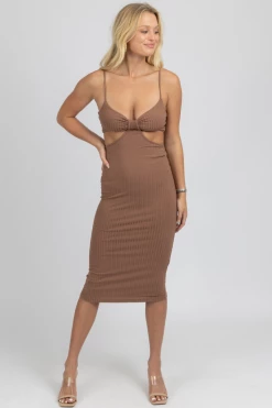 ENDLESS BLU NEW ARRIVALS MOCHA CUTOUT RIBBED MIDI DRESS