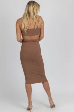 ENDLESS BLU NEW ARRIVALS MOCHA CUTOUT RIBBED MIDI DRESS