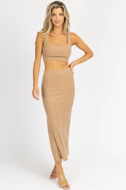 LENA MOCHA KNIT RIBBED CROP + MIDI SKIRT SET NEW ARRIVALS