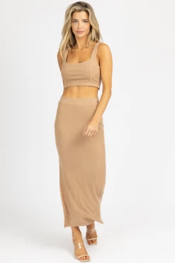 LENA MOCHA KNIT RIBBED CROP + MIDI SKIRT SET NEW ARRIVALS