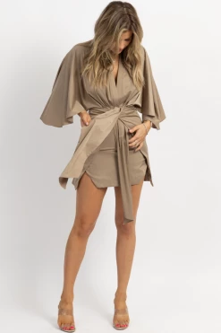 MABLE MOCHA SATIN TIE + WIDE SLEEVE DRESS