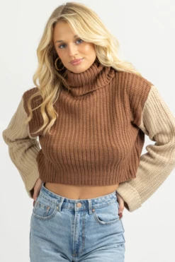 SHE & SKY NEW ARRIVALS CAMEL + TAUPE TURTLENECK SWEATER