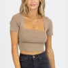 LE LIS MOCHA SHORT SLEEVE KNIT TIE-BACK CROP NEW ARRIVALS