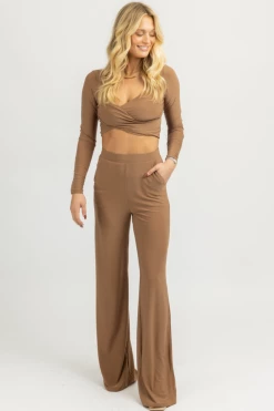 WINWIN APPAREL MOCHA FRONT WRAP FLARE PANT SET NEW ARRIVALS