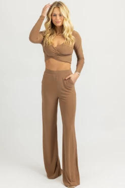 WINWIN APPAREL MOCHA FRONT WRAP FLARE PANT SET NEW ARRIVALS