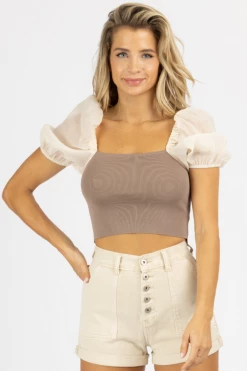 MIOU MUSE CLOTHING BROWN + SHEER CREAM SLEEVE CROP TOP
