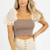 MIOU MUSE CLOTHING BROWN + SHEER CREAM SLEEVE CROP TOP