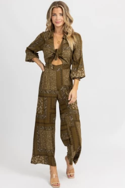 ENDLESS BLU MOSS OLIVE COLLARED FRONT CUTOUT JUMPSUIT NEW ARRIVALS