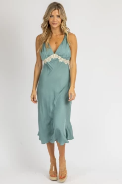 OLIVACEOUS MOSS LACE MIDI SLIP DRESS