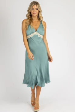 OLIVACEOUS MOSS LACE MIDI SLIP DRESS