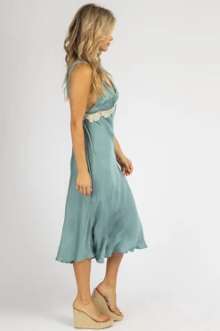 OLIVACEOUS MOSS LACE MIDI SLIP DRESS