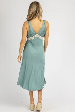 OLIVACEOUS MOSS LACE MIDI SLIP DRESS