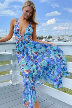 LUXXEL NEW ARRIVALS BLUE MULTI-CUTOUT PRINT SHEER MIDI DRESS