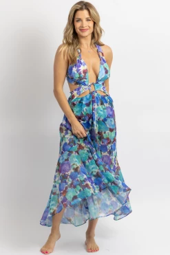 LUXXEL NEW ARRIVALS BLUE MULTI-CUTOUT PRINT SHEER MIDI DRESS