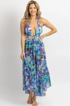 LUXXEL NEW ARRIVALS BLUE MULTI-CUTOUT PRINT SHEER MIDI DRESS