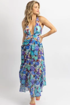 LUXXEL NEW ARRIVALS BLUE MULTI-CUTOUT PRINT SHEER MIDI DRESS