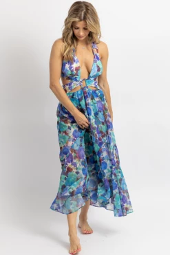 LUXXEL NEW ARRIVALS BLUE MULTI-CUTOUT PRINT SHEER MIDI DRESS