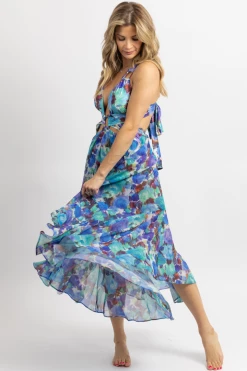 LUXXEL NEW ARRIVALS BLUE MULTI-CUTOUT PRINT SHEER MIDI DRESS