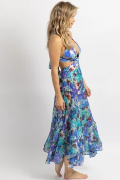 LUXXEL NEW ARRIVALS BLUE MULTI-CUTOUT PRINT SHEER MIDI DRESS